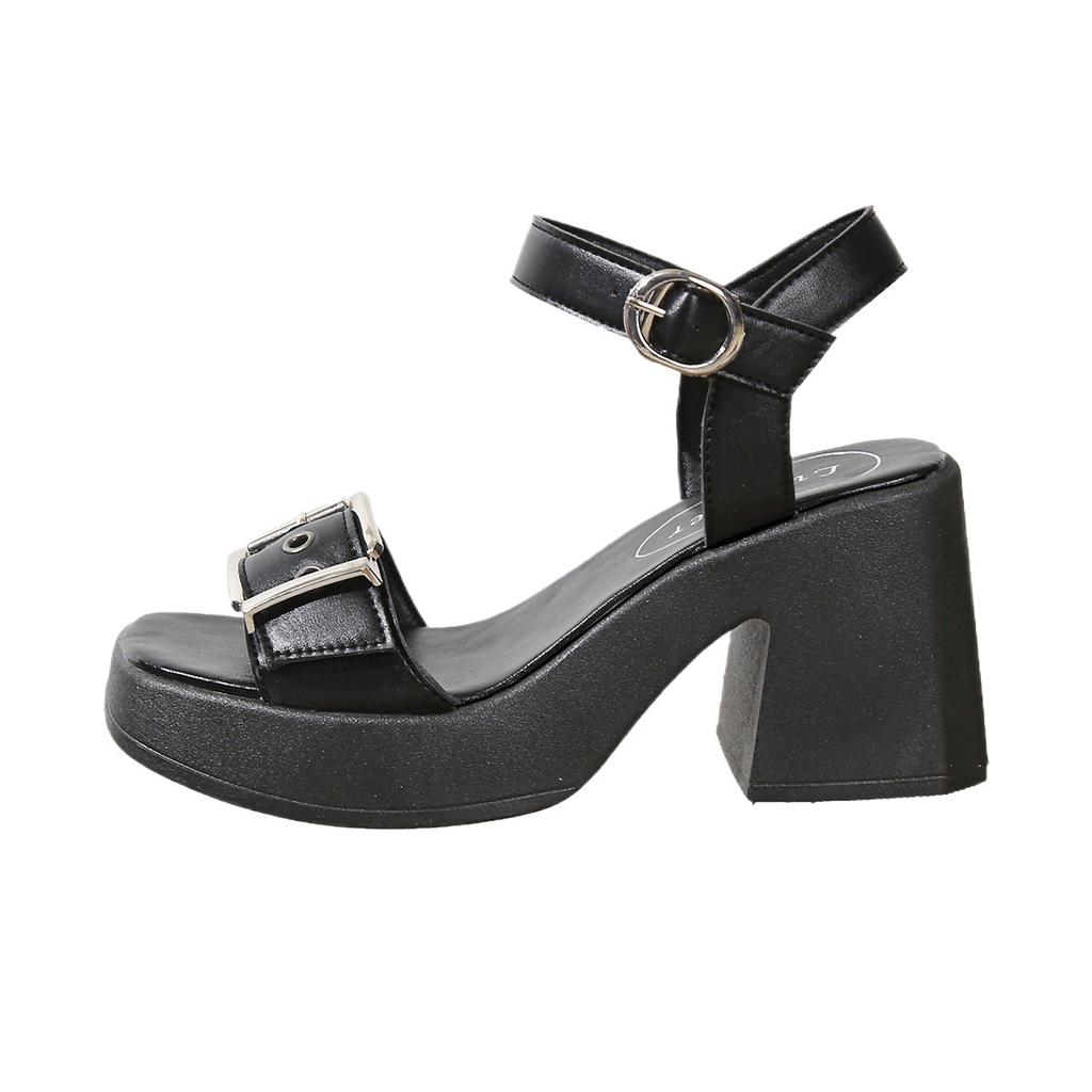 Coarse heel sandals women's summer outer wear New Year's fashion wedge heel waterproof table one-word buckle high heels large size