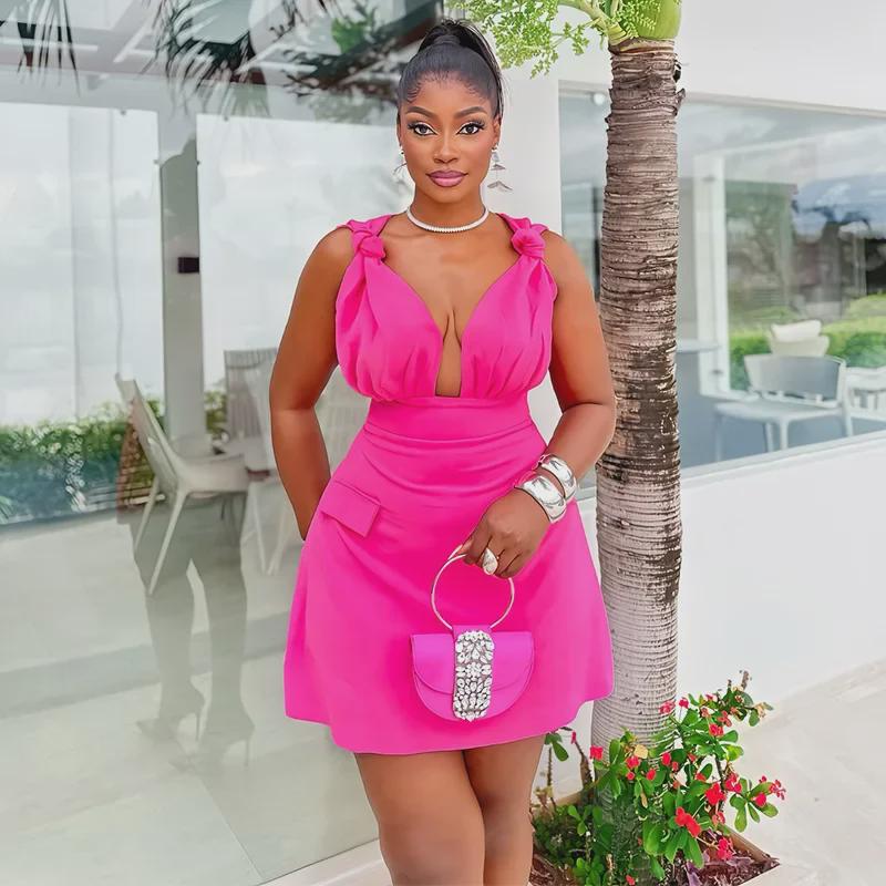 2024 Summer Elegant V-Neck High Waist A-Line Suspender Dress for Women