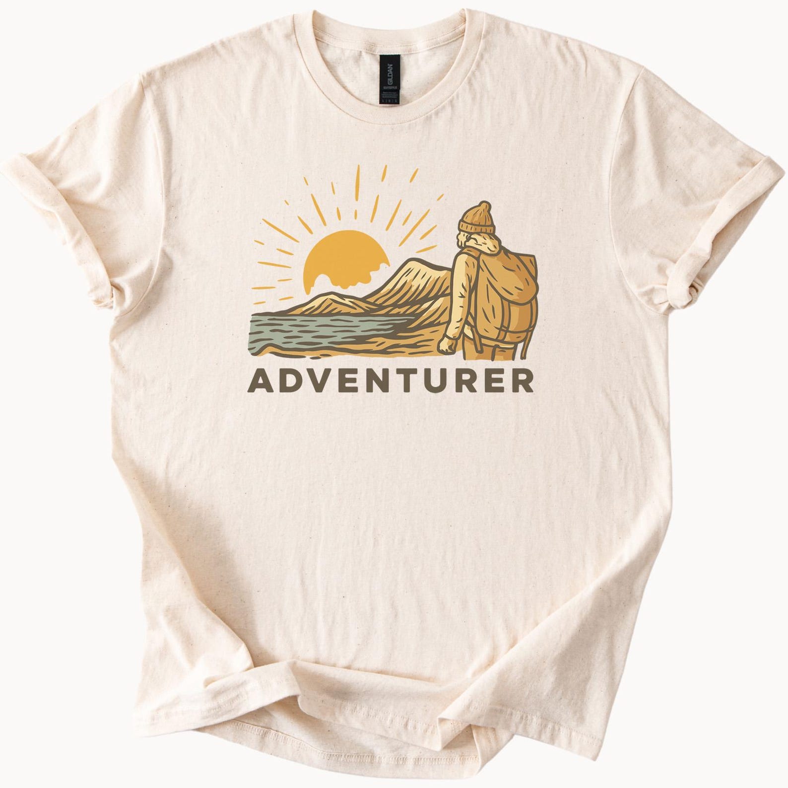 Adventurer Hiking Graphic Shirt Sunrise Mountains Explorer Nature Landscape Backpack Outdoor Traveler Adventure Scene Tee 130