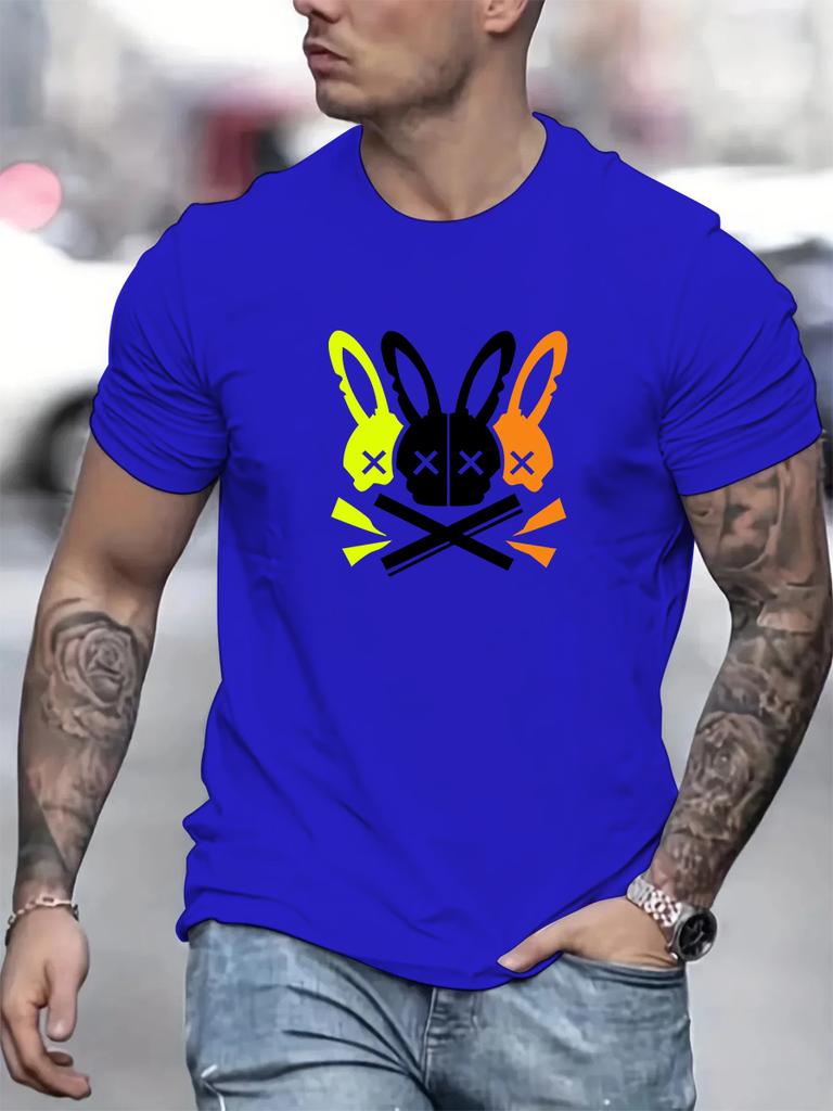 Men's 100% cotton summer loose fit large Rabbit Skull printed slim fit casual sports round neck short sleeved T-shirt