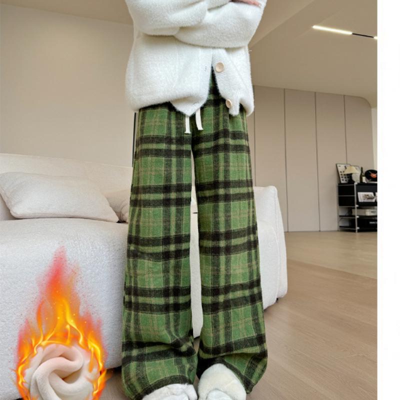 Tweed Plus Velvet Plaid Pants for Women In Autumn and Winter New Loose Retro Casual Pants Straight and Floor Lazy Wide-leg Pants