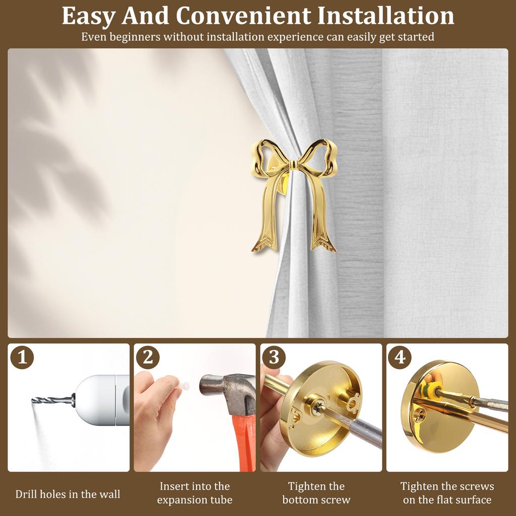 2Pcs Bow Curtain Holdback Gold Metal Curtain Tieback Wall Mounted Bow Wall Hook Pull Back Hook Decoration for Office Bedroom