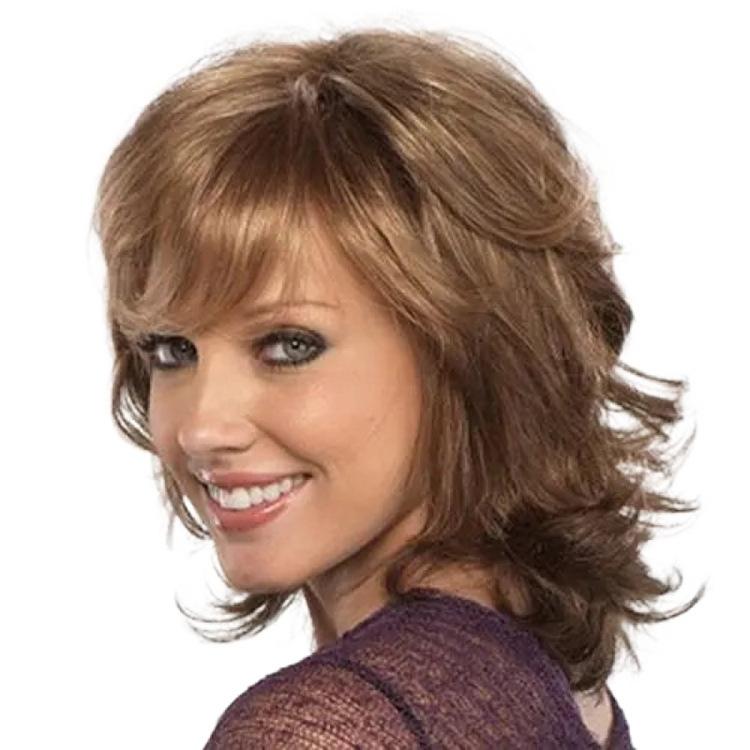 Damen Front Lace Hitzebeständige Mittellange Lockige Perücke mit Seitenscheitel Synthetische Faser Nach außen gerichtete Locken In Hell- und Dunkelbraun