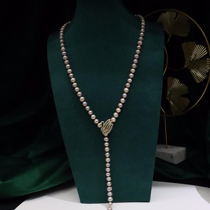 Zhuji Women's Freshwater Pearl Sweater Chain, 8-9mm Near Round Pearls with Slight Imperfections, Niche Style Versatile Jewelry.