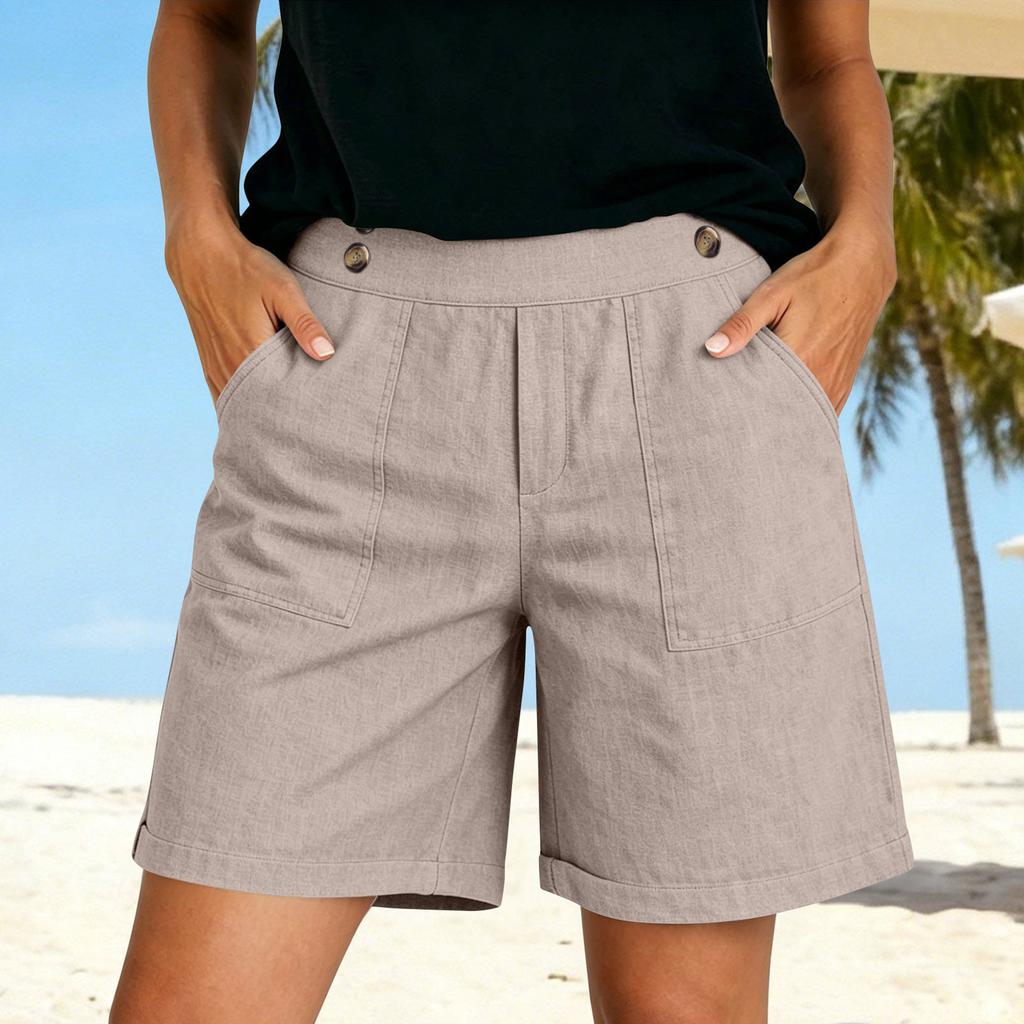 Weiche Shorts aus Baumwollleinen für Damen, Taschen, weicher Knopfverschluss, kein Reißverschluss, schmale Passform