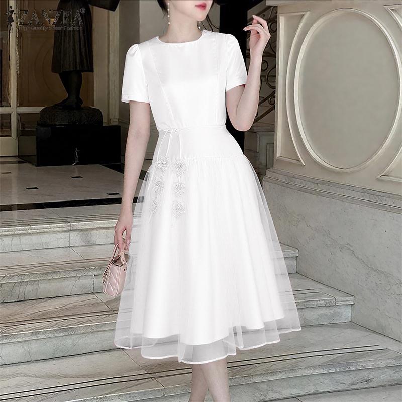 ZANZEA Women Mesh Patchwork Summer Casual Round Neck Short Sleeve Party Dress
