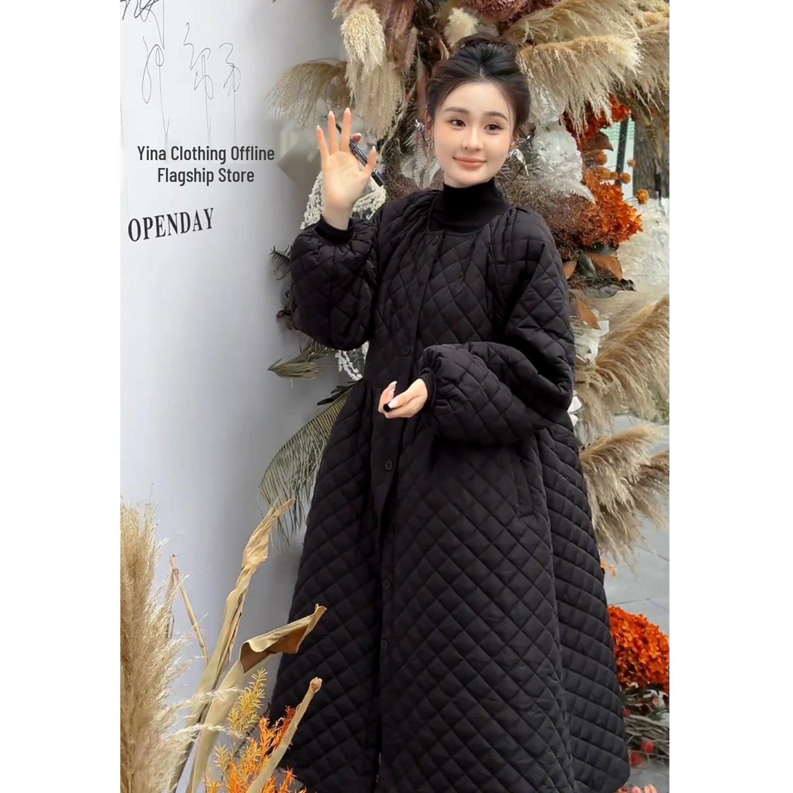 

Korean Elegant Loose Hepburn Style Waist-Cinched Cotton Dress for Women - Slimming Mid-Length Winter Coat L чёрный