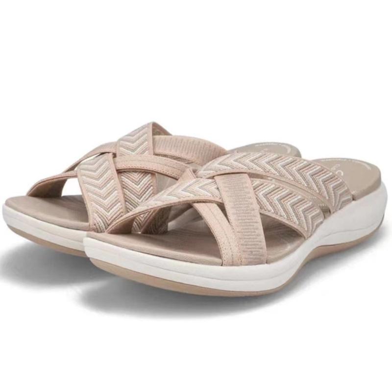 

New Women Shoes Summer Wedge Heel Cross Cool Fashion Slippers Plus Size Round Toe Slippers for Women Outdoor Sports Beach Shoes 35 бежевый