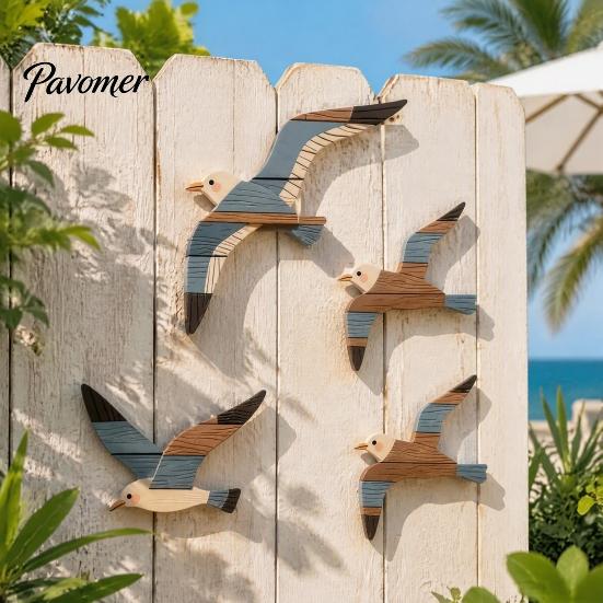 3D Wooden Bird Wall Hanging 3/4Pcs Seagull Decor, Nautical Coastal Theme Art, Natural Wood Texture Decor Adhesive Sculpture for Home Bedroom