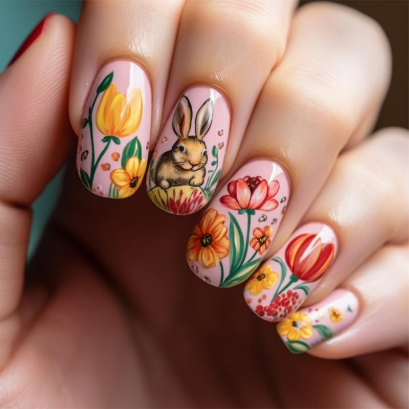 

24 Pieces Short False Nail Square Press on Nail Full Cover Stick on Nail with Floral Designs Decoration Easy to Apply 1