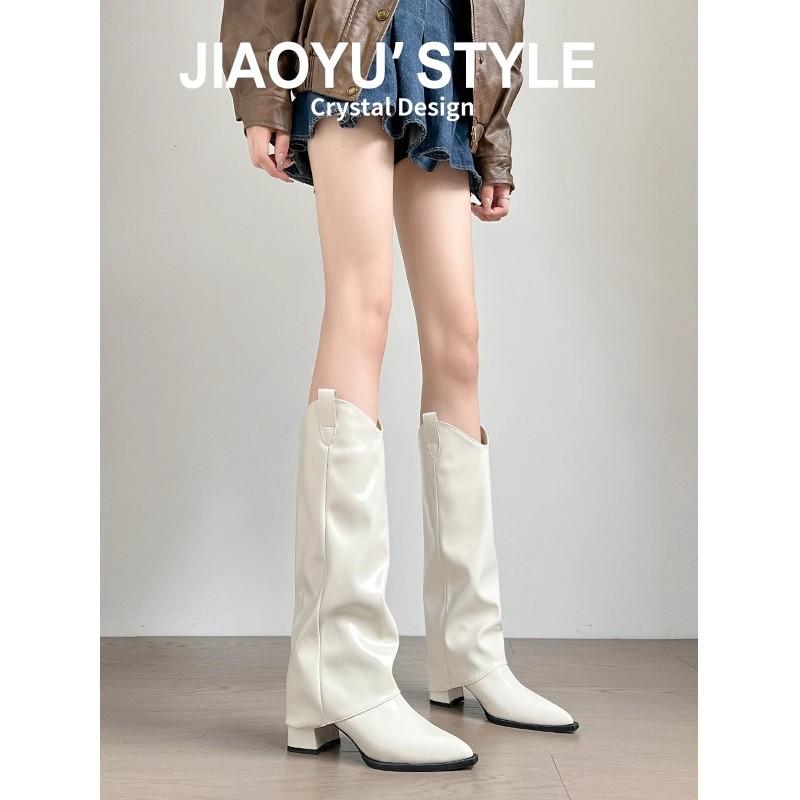 Genuine Leather~ Jiaoyu White Trouser Boots Pointed V-mouth Thin Spice Girl Boots But Knee Thick Heel Boots Knight Boots
