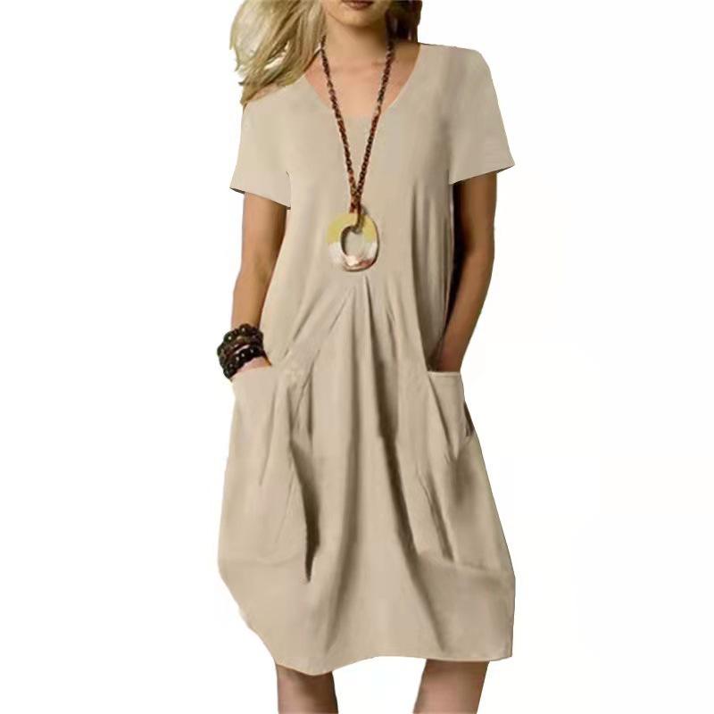 2026 Summer Solid Color Loose Round Neck Short Sleeve Pocket Dress for Women