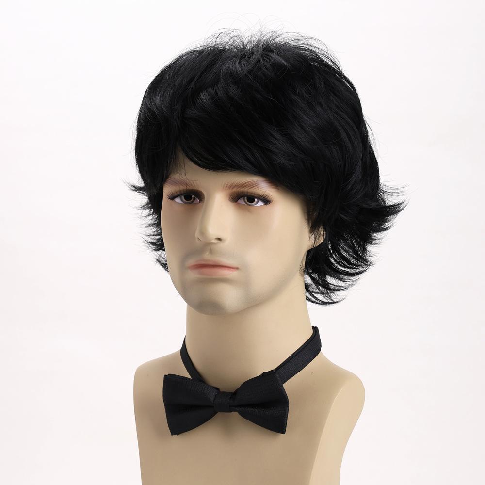 Men Short Layered Brown Hair with Bangs Synthetic Black Wigs for Male Daily Cosplay Party Heat Resistant Fibre