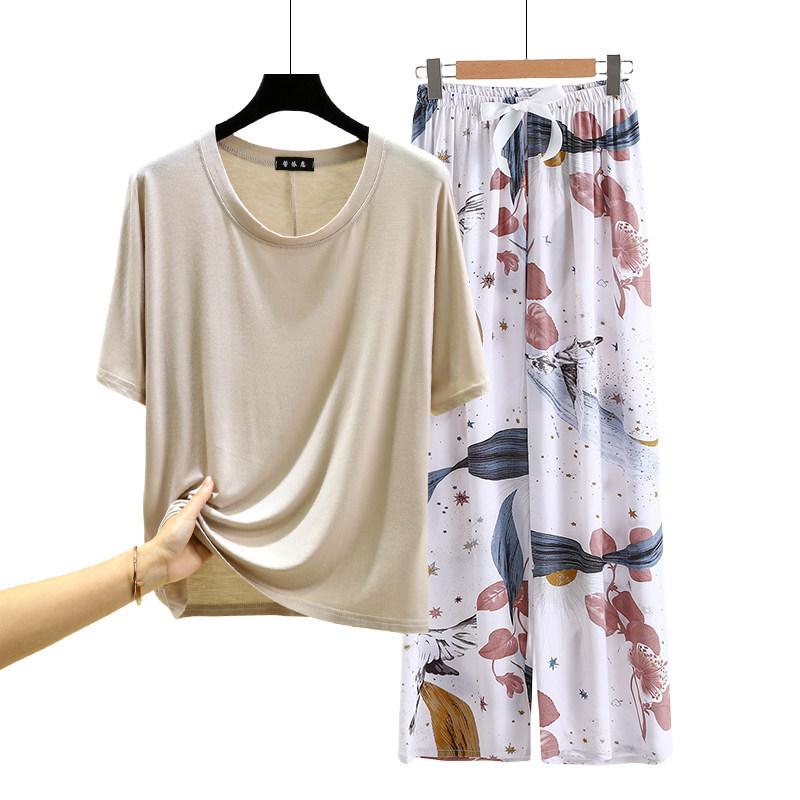 T-shirt girocollo in modal con pantaloni a gamba larga floreali in popeline Set pigiama estivo sottile Tuta casual larga per dormire Loungewear comodo tutto da abbinare