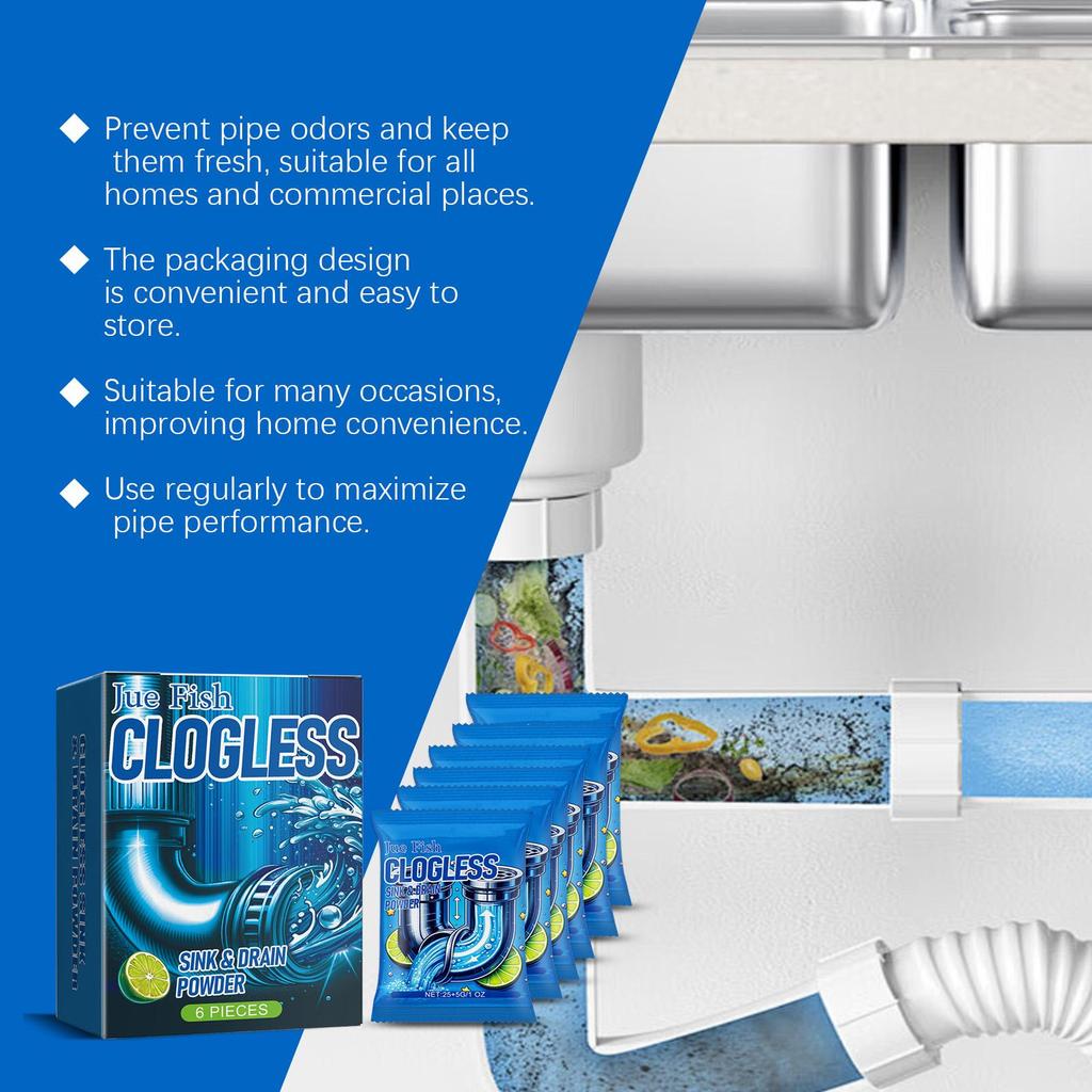Jue Fish Drain Cleaning Powder (6pcs) for Kitchen and Bathroom Drains - Cleans and Unblocks Drains, Removes Blockages