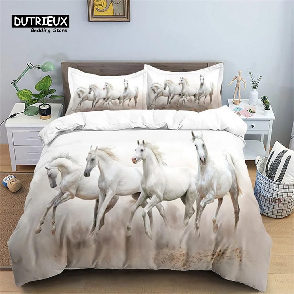 Horse Comforter Cover Set For Kids Toddler Farm Animal Pattern Bedding Set Boys Girls 3 Piece Farmhouse Cowboy Duvet Cover Set