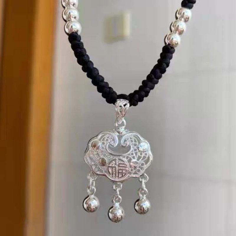 Fortune Lock Bag, Safe Lock Silver Necklace, Women's National Fashion Bell, Hollow Long Life Lock Pendant, Versatile