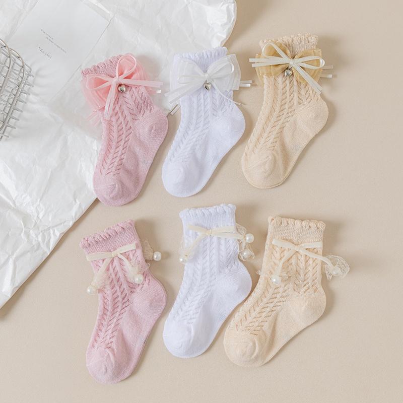 Blotona Toddler Socks for Girls Hollow-Out Cute Bowknot Anti-Skid Socks Mid-Calf Socks Summer Casual Thin Socks