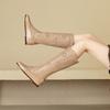 Fashion Genuine Leather Hollow Out  Round Toe Low Heel Knee High Boots Fashion Spring Autumn Apricot Cowhide Women's Short Boots Size 43