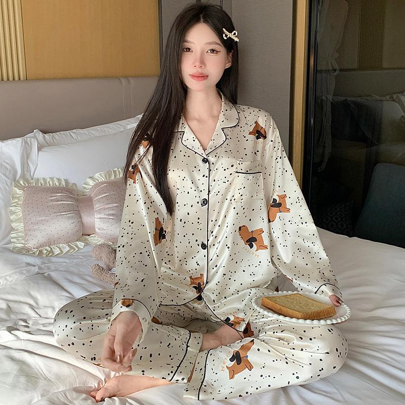 French Cute Cat Ice Silk Pajamas Women'S Spring And Autumn Sweet Wind Cool Long-Sleeved Loungewear Suit Can Be Worn Outside
