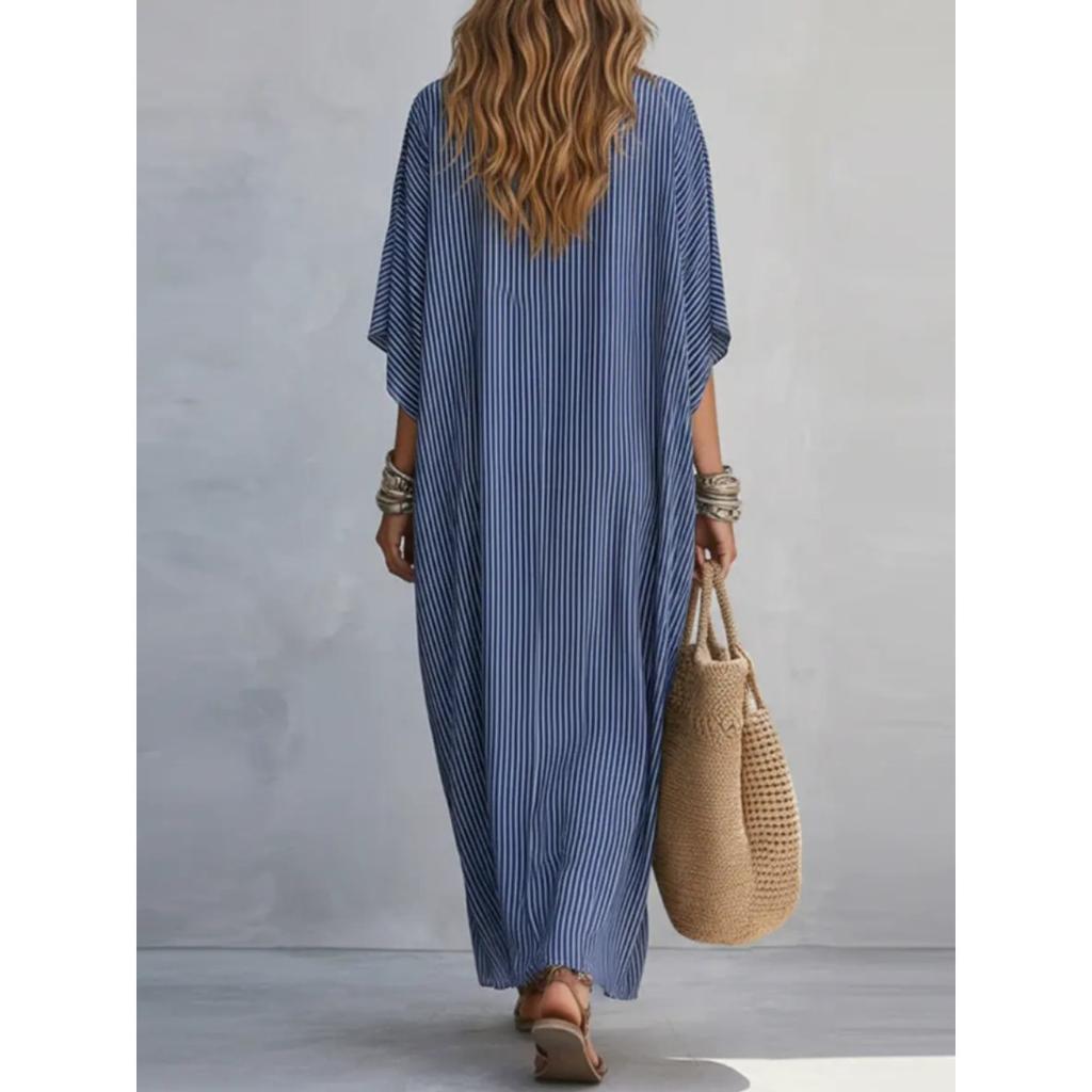 New Fashion V-neck Striped Loose Casual Long Dress for Women European American Vacation Dress
