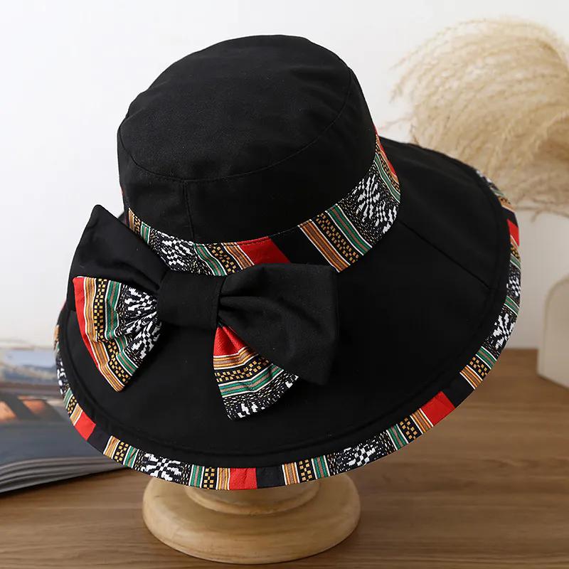 WTEMPO Women's Foldable Fashion Spring Summer Printed Wide Brim Bow Hats Simple Elegant Casual Holiday Sun Hats with Windproof Rope