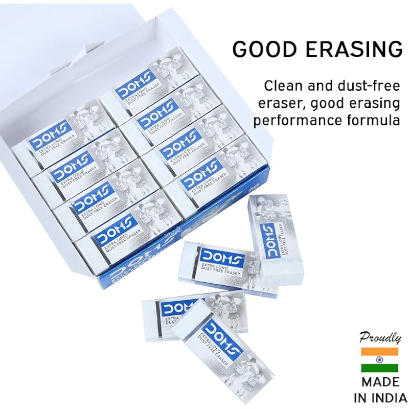 Doms Non-Toxic Dust Free Extra Long Eraser Box Pack | For Clean & Clear Erasing | Stationery Gift Item For Kids & Studen