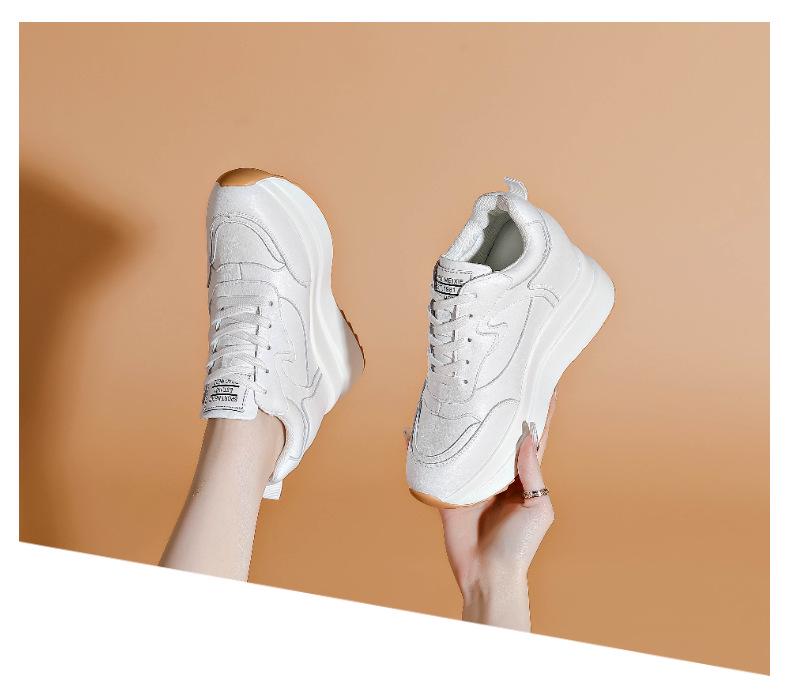 Women's White Genuine Leather Platform Shoes - 10cm Height Increase, Thick Sole, Versatile for All Seasons