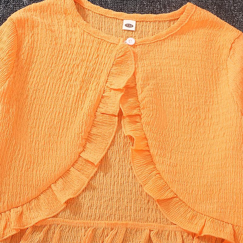 Girls Long-Sleeved Jacket with Printed Bow Dress Two-Piece Sets Kids Colthes