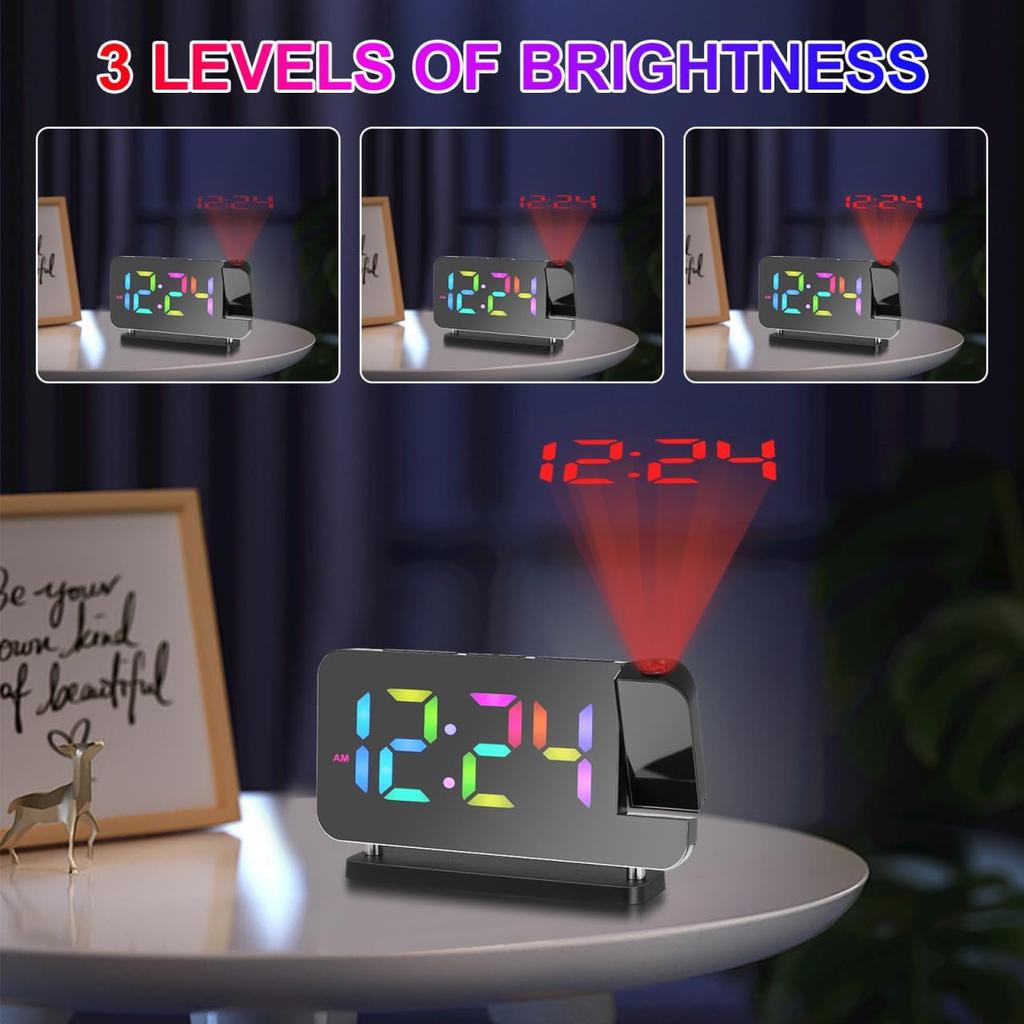 Bedroom Ceiling Projection Alarm Clock, 180° Rotatable Time Projector with Colorful RGB Night Light, Digital LED Display Clock