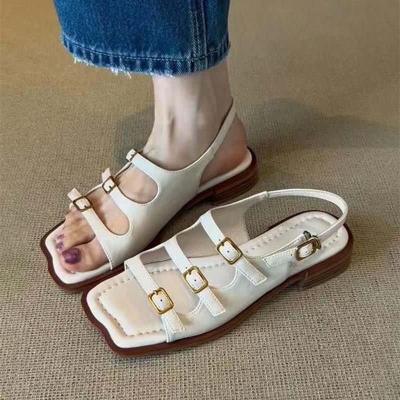 Fashion Fashion Belt Buckle Design White Flat Sandals Women High Quality Comfort  Low Heel Roman Sandals Summer Soft Leather Beach Shoes