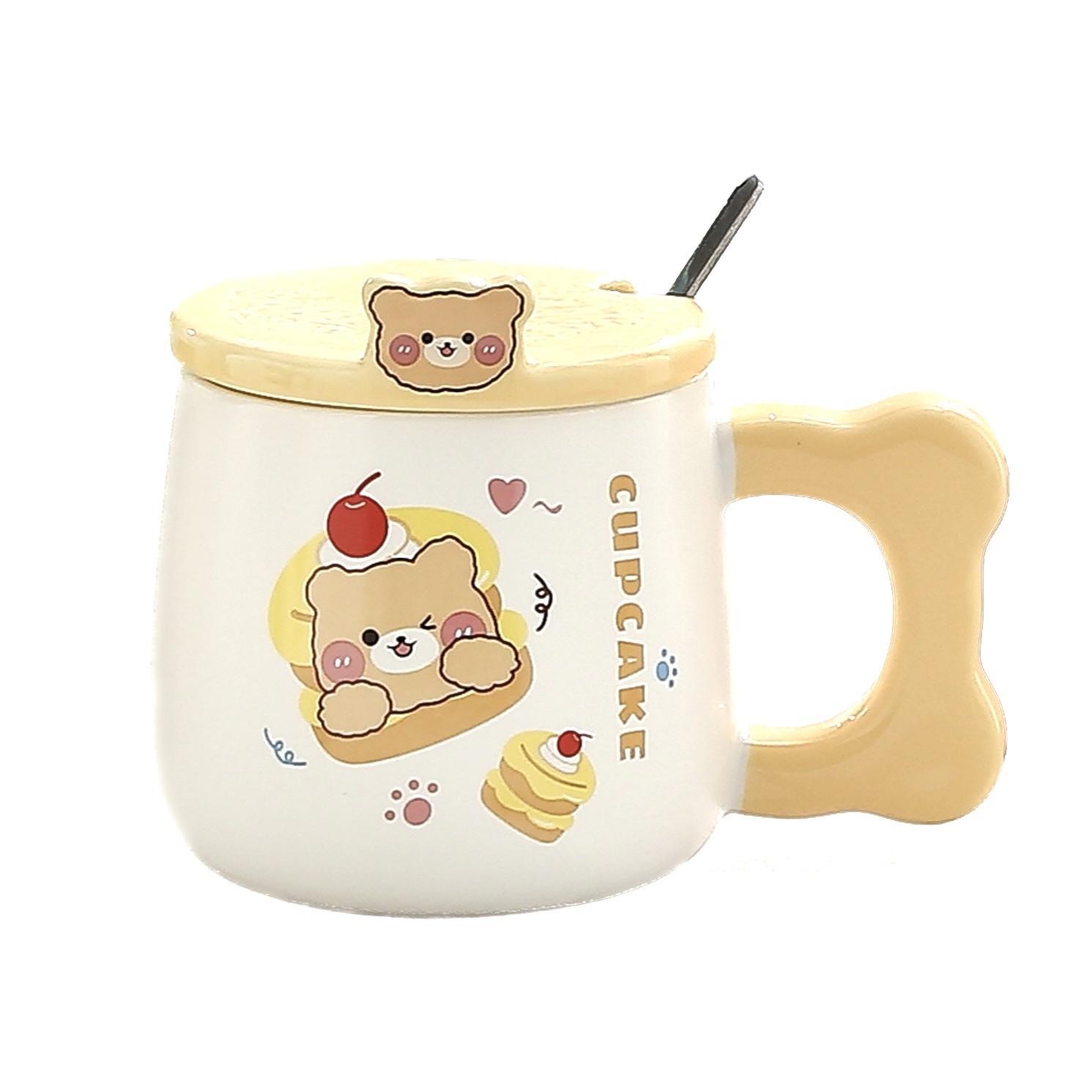 Cartoon Ceramic Cups Cute and Good Looking  Bear Mugs  Couple Household Water Cups  Covered Spoons Coffee Cups  Milk Cups 440ml