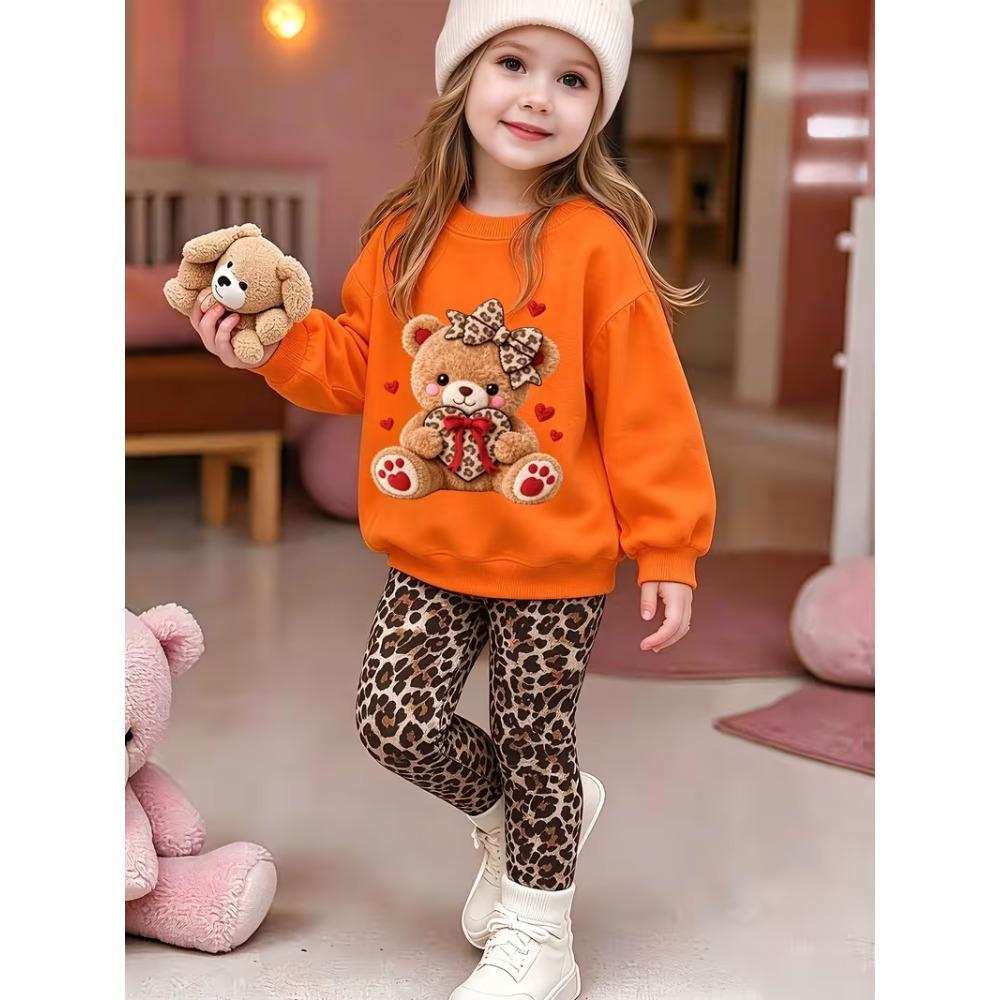 Girls' Bow Bear Casual Comfortable Soft Loose Pullover Sweatshirt and Leggings 2-Piece Set, New Autumn/Winter, Playful, Sweet and Cool Style