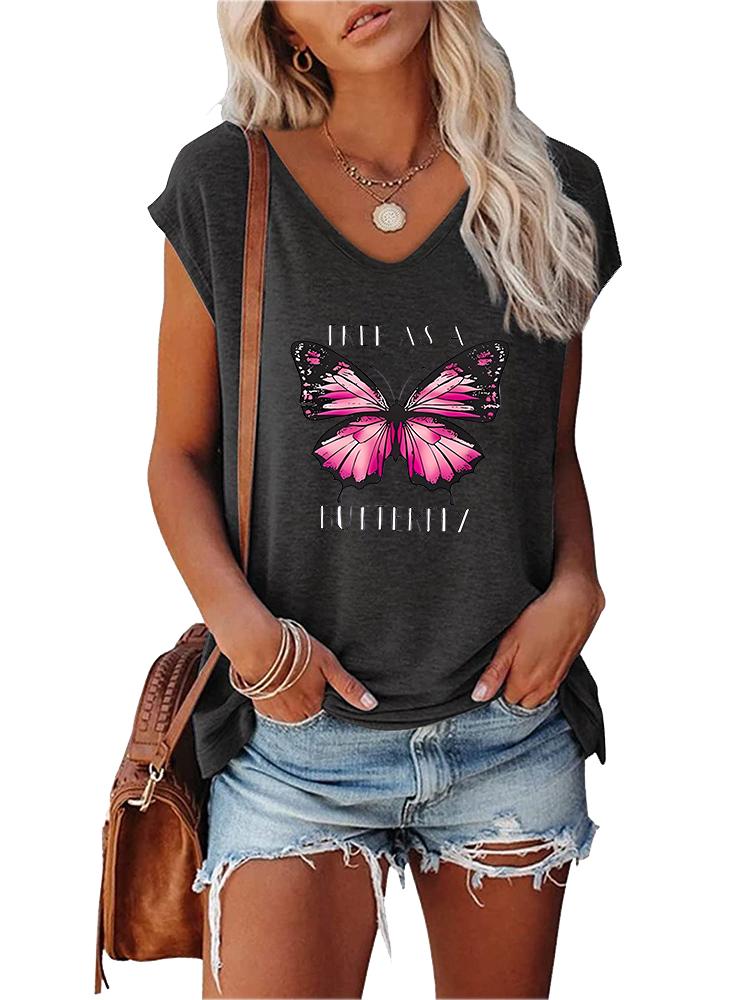 Damenmode V-Ausschnitt Kurzarm Top Sommer Casual Print T-Shirt