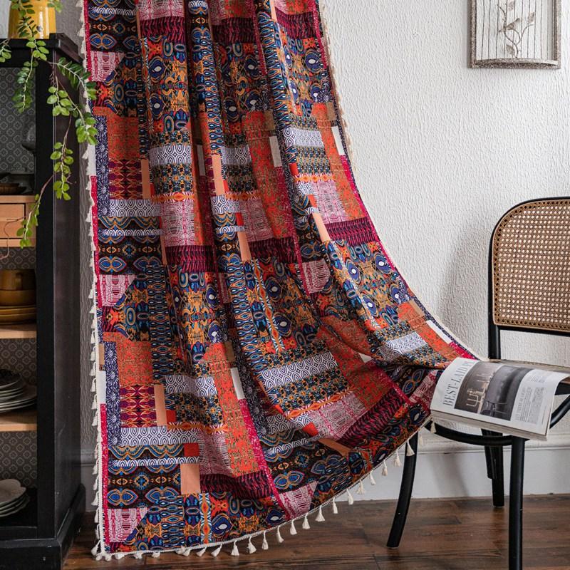 

Home Life Curtains Bohemian Style Mosaic Printing Tassel Kitchen Valance Rural Style Living Room Semi-shading Window W150 x H160cm&Threading Rod