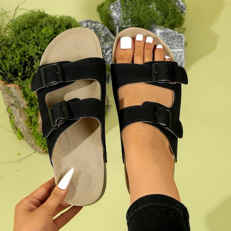 New summer double buckle classic fashion versatile cork medium heel thick bottom large size women's cool slippers