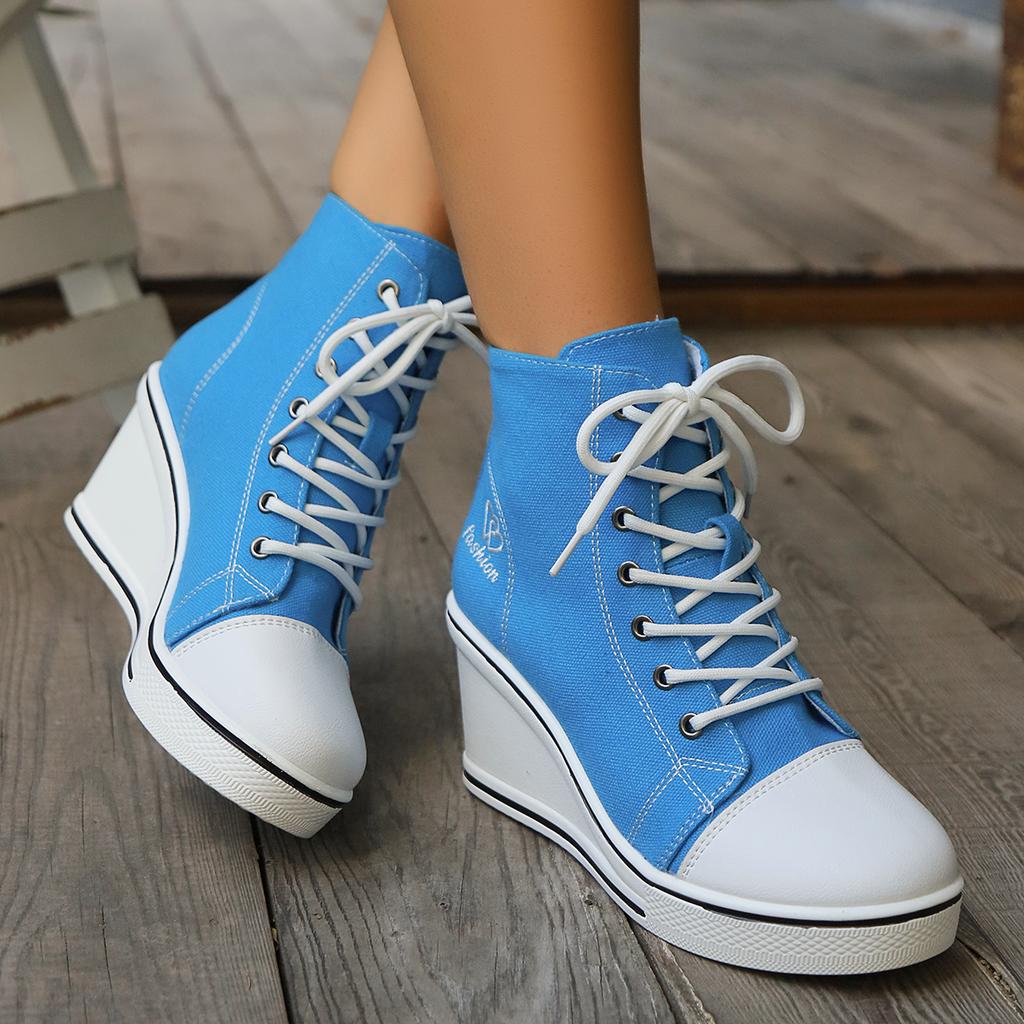 Fashion Women Sneakers 2024 New High Tops Wedge Fashion Platform Sneakers Woman Lace Up Height Increase Casual Canvas Shoes for Women