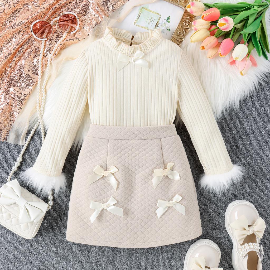 Girls' Set Autumn and Winter Children's Sleeve Top and Bow Short Skirt Two-piece Set