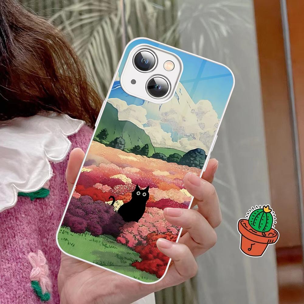 Cartoon Animal Black Cat Oil Painting Phone Case Tempered Glass For Iphone 14 13 12 11 Pro Mini XS MAX 14Plus X XS XR Fundas