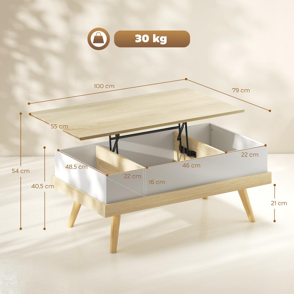 Coffee Table with 3 Hidden Compartments, Modern Living Room Table, Wooden Legs, 100x79x54cm, Natural White