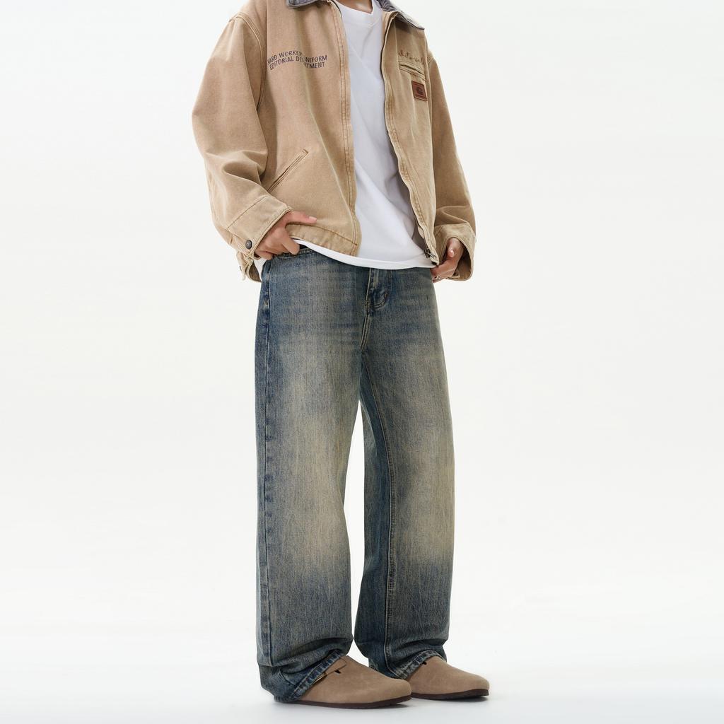 Spring and Autumn New American Retro Washed Jeans Men's Loose Straight Wide Legs