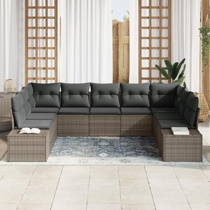 VidaXL Canapé de jardin 9 pièces avec coussins en poly rattan gris 3347219