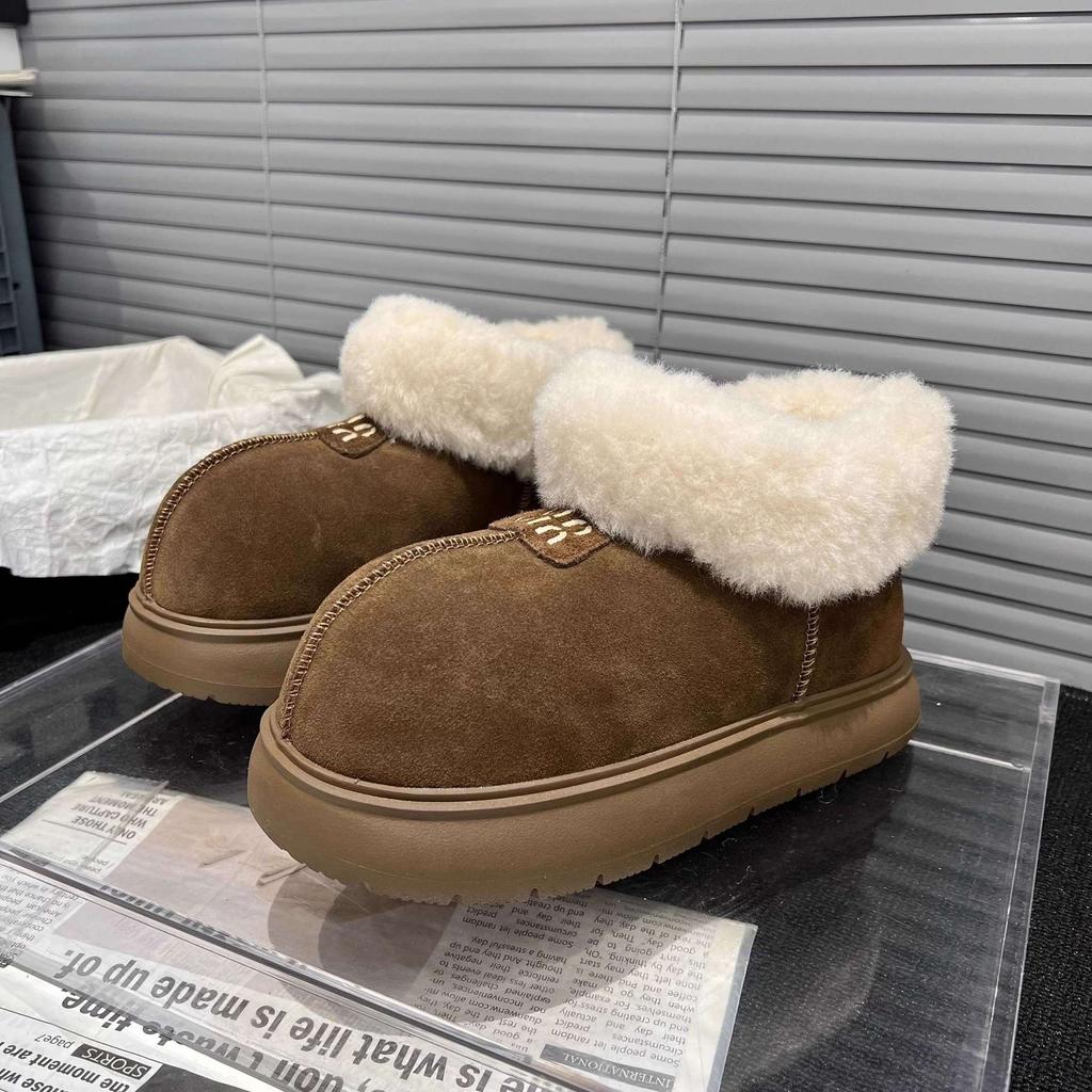 Thick-soled snow boots women's new winter velvet matte leather low-top big head one-pedal warm fluffy cotton shoes