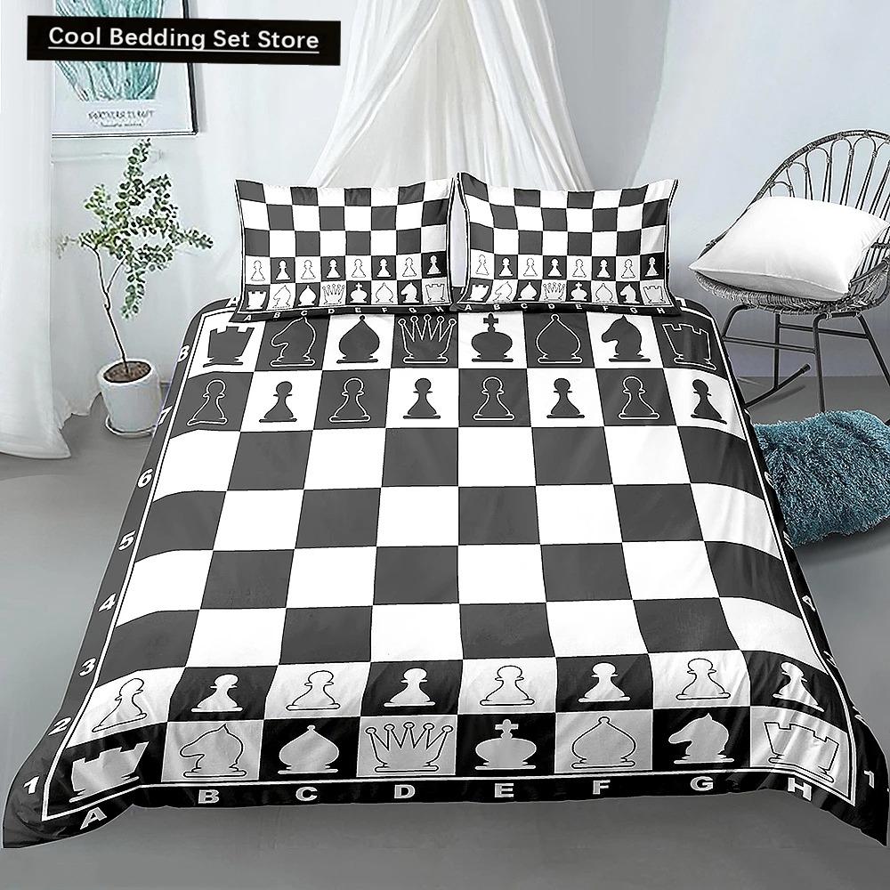 International Chess King Queen Duvet Cover Chess Board Bedding Set Black White Grid Quilt Cover Plaid Polyester Comforter Cover