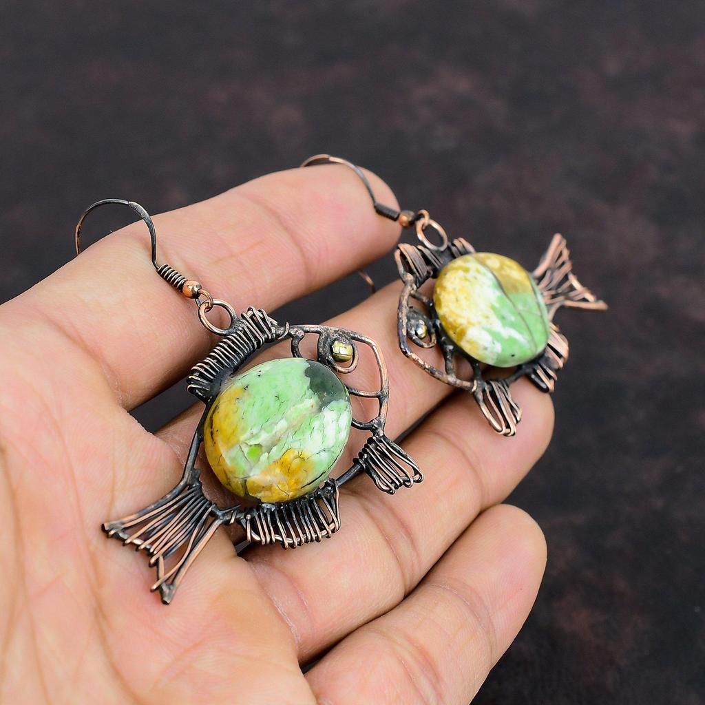 Cercei din calcedonie cromată australiană Cercei învelite cu sârmă de cupru Bijuterii din pietre prețioase Cercei cu pește Bijuterii din sârmă de cupru lucrate manual Cadouri pentru soție