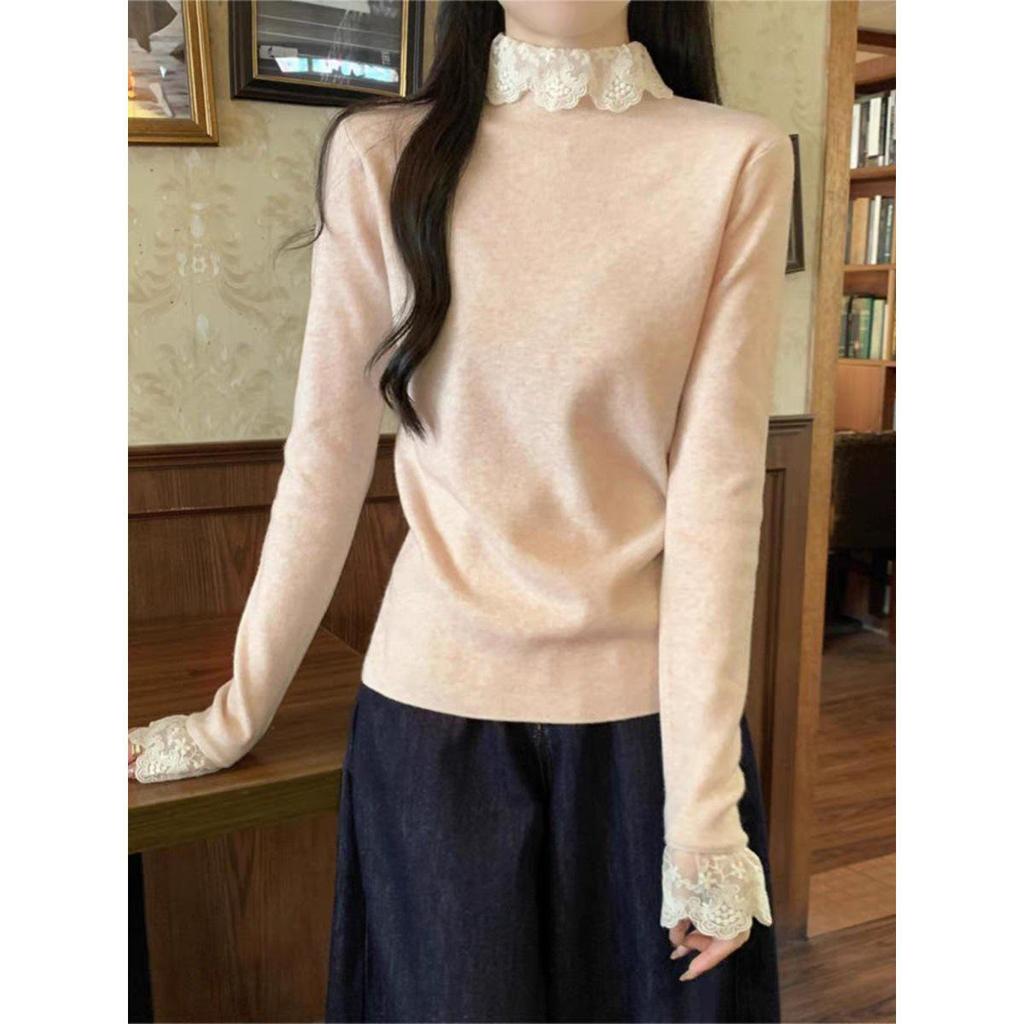 Korean Style Lace Patchwork High Neck Slim Fit Base Layer Top for Spring/Autumn 2026