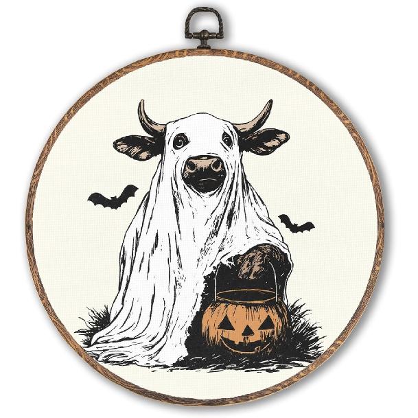 Lengues Funny Bullsheet Round Wall Art, Spooky Halloween Round Wall Decor, Cottagecore Country Halloween Canvas Framed Art Prints, Spooky Bullsheet bullsheet
