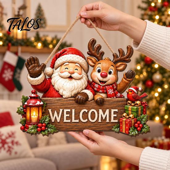 Holiday Hanging Signs Wooden Christmas Door Wreath for Front Door, Vintage Merry Welcome Sign, Rustic Farmhouse Decor 2D Flat Hanger Indoor