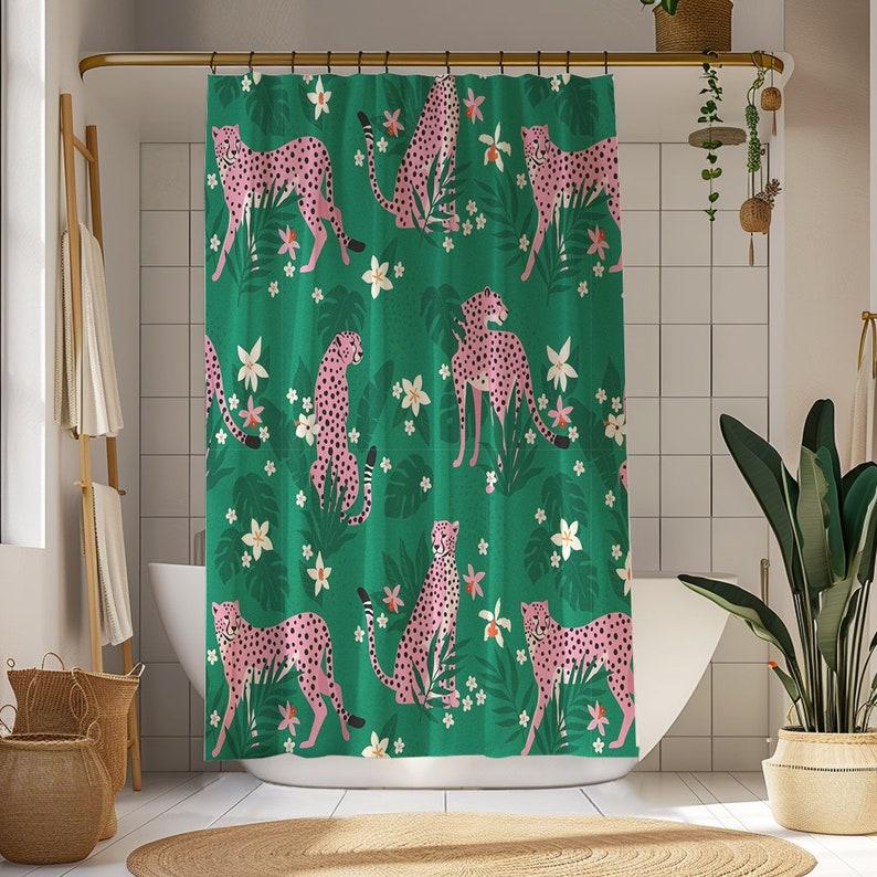 Pink Leopards in Greenery Maximalist Jungle Pattern Shower Curtain W90xH180cm
