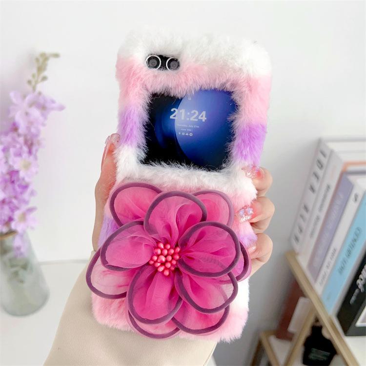 Applicable To Samsung ZFlip5 Plush Flower Phone Case Zflip3 Folding Plush Case Protective Case P50pocket